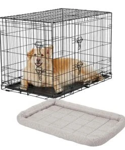 Frisco Fold & Carry Double Door Collapsible Wire Dog Crate, 36 inch & Frisco Gray Basket Weave Dog Crate Mat, 36-in