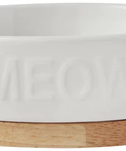 Frisco Oval Meow Non-skid Ceramic Cat Bowl with Wood Base, 1 Cup