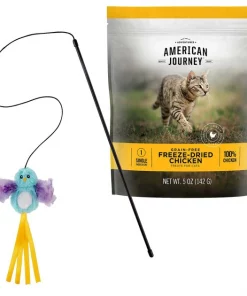 American Journey||Frisco American Journey 100% Chicken Freeze-Dried Grain-Free Cat Treats, 5-oz bag + Frisco Bird Teaser with Feathers Cat Toy, Blue