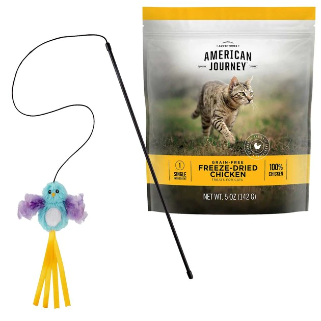 American Journey||Frisco American Journey 100% Chicken Freeze-Dried Grain-Free Cat Treats, 5-oz bag + Frisco Bird Teaser with Feathers Cat Toy, Blue 3 American Journey||Frisco American Journey 100% Chicken Freeze-Dried Grain-Free Cat Treats, 5-oz bag + Frisco Bird Teaser with Feathers Cat Toy, Blue