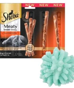 Sheba||Frisco Sheba Meaty Tender Sticks Chicken Cat Treats, 5 count + Frisco Moppy Ball Cat Toy, Blue