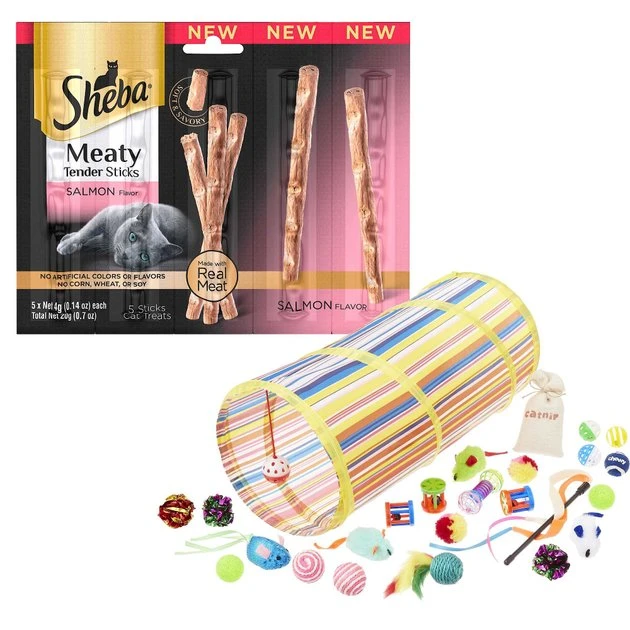 Sheba||Frisco Sheba Meaty Tender Sticks Salmon Flavored Cat Treats, 5 count + Frisco Plush, Teaser, Ball & Tunnel Variety Pack Cat Toy with Catnip, 25 count 3 Sheba||Frisco Sheba Meaty Tender Sticks Salmon Flavored Cat Treats, 5 count + Frisco Plush, Teaser, Ball & Tunnel Variety Pack Cat Toy with Catnip, 25 count