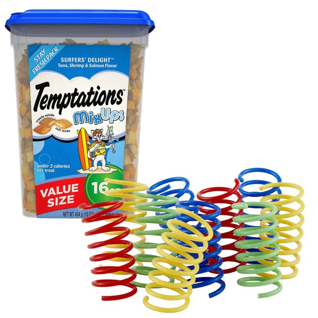 Temptations Mixups Surfers' Delight Cat Treats, 16-oz tub + Frisco Colorful Springs Cat Toy, 10 count Temptations||Frisco Temptations Mixups Surfers' Delight Cat Treats, 16-oz tub + Frisco Colorful Springs Cat Toy, 10 count -Frisco Sales 2024 298532 MAIN. SY630 V1623348146