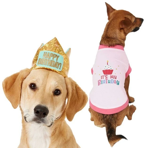 Frisco Happy Birthday Crown, Medium/Large + Dog & Cat T-Shirt, Pink 3 Frisco Happy Birthday Crown, Medium/Large + Dog & Cat T-Shirt, Pink