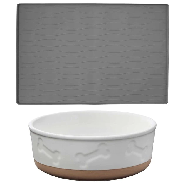 Frisco Silicone Food Mat, Gray, Large + Bones Non-skid Ceramic Dog Bowl 3 Frisco Silicone Food Mat, Gray, Large + Bones Non-skid Ceramic Dog Bowl