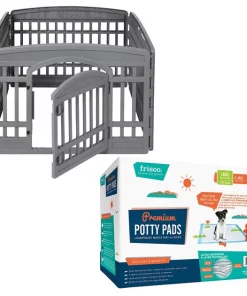 Frisco 4-Panel Plastic Exercise Playpen, Gray + Dog Training & Potty Pads, 22 x 23-in, 150 count, Unscented