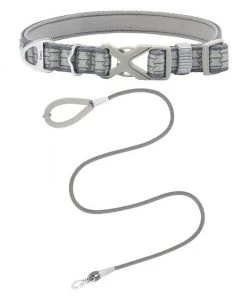 Frisco Outdoor Comfort Print Nylon Padded Collar, Medium - Neck: 14-20-in, Width: 3/4-in + Outdoor Ultra Reflective Rope Leash With Padded Handle, Stone Gray, 6 - ft