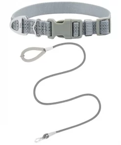 Frisco Outdoor Frisco Nylon Collar, Forest Green, Medium-Neck: 14-20-in, Width: 3/4-in + Rope Leash With Padded Handle, Stone Gray, 6-ft