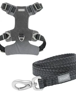 Frisco Outdoor Lightweight Ripstop Nylon Harness, Storm Gray, Large, Neck: 18 to 28-in, Girth 24 to 34-in + Heathered Dog Leash, Midnight Black, LG - Length: 6-ft, Width: 1-in