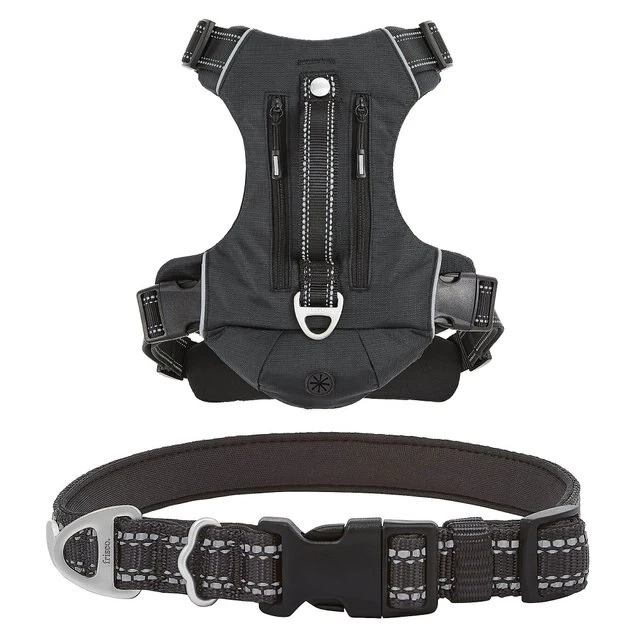 Frisco Outdoor Premium Ripstop Nylon Harness with Pocket, Midnight Black, XL - Girth: 32-44-in + Reflective Comfort Padded Dog Collar, Midnight Black, LG, Neck: 18 -26-in, Width: 1-in 3 Frisco Outdoor Premium Ripstop Nylon Harness with Pocket, Midnight Black, XL - Girth: 32-44-in + Reflective Comfort Padded Dog Collar, Midnight Black, LG, Neck: 18 -26-in, Width: 1-in