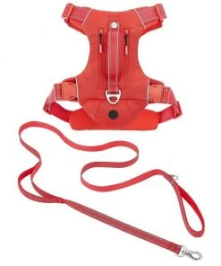 Frisco Outdoor Premium Ripstop Nylon Harness with Pocket, Sunset Orange, Large, Neck: 18 to 28-in, Girth 24 to 34-in + Reflective Comfort Padded Dog Leash, Sunset Orange, Large - Length: 6-ft, Width: 1-in