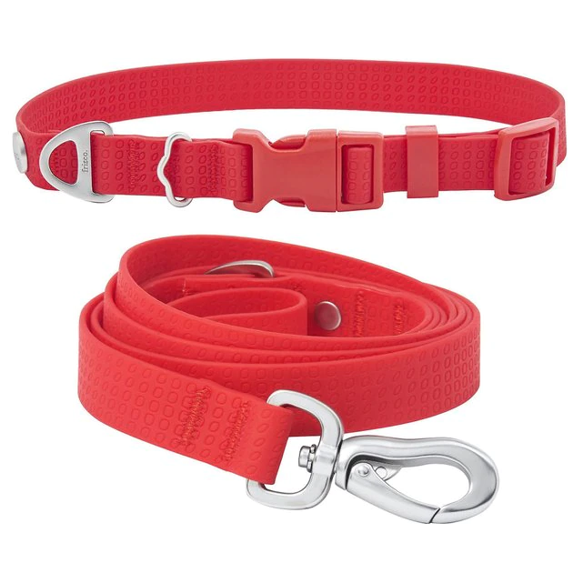Frisco Outdoor Solid Textured Waterproof Stink Proof PVC Collar, Flamepoint Orange, Medium - Neck: 14½20-in, Width: 3/4-in + Dog Leash, Sunset Orange, Medium - Length: 6-ft, Width: 3/4-in 3 Frisco Outdoor Solid Textured Waterproof Stink Proof PVC Collar, Flamepoint Orange, Medium - Neck: 14½20-in, Width: 3/4-in + Dog Leash, Sunset Orange, Medium - Length: 6-ft, Width: 3/4-in
