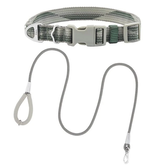 Frisco Outdoor Woven Jacquard Nylon Dog Collar, Forest Green, Large, Neck: 18 -26-in, Width: 1-in + Ultra Reflective Rope Leash With Padded Handle, Stone Gray, 6 - ft 3 Frisco Outdoor Woven Jacquard Nylon Dog Collar, Forest Green, Large, Neck: 18 -26-in, Width: 1-in + Ultra Reflective Rope Leash With Padded Handle, Stone Gray, 6 - ft